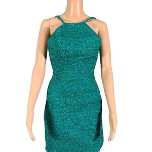 NWT Jovani Sz.2 Jade Green Glitter Knit Backless Mini Cocktail Party Dress